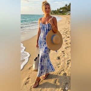 COLORI Long Blue/white/black Mesh Beach dress/Cover-up with lining Size Small